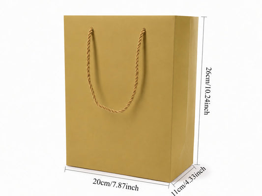 Front view of gold jewelry store gift tote bag with rope handles, 7.75 × 4.25 × 10.25 in