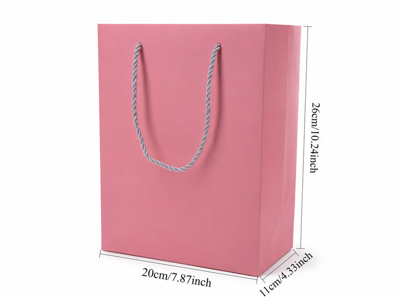 Front view of pink jewelry store gift tote bag with rope handles, 7.75 × 4.25 × 10.25 in