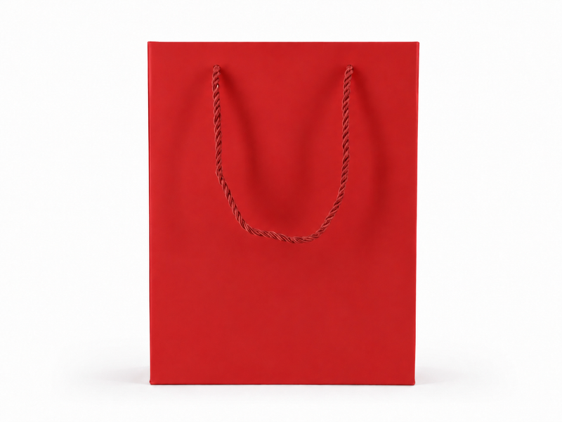 Front view of red jewelry store gift tote bag with rope handles, 7.75 × 4.25 × 10.25 in