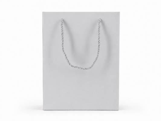 Front view of silver jewelry store gift tote bag with rope handles, 7.75 × 4.25 × 10.25 in