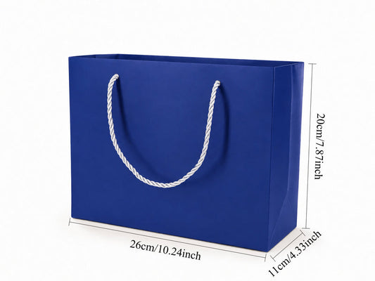 Front view of blue jewelry store gift tote bag with rope handles, 10.25 × 4.25 × 7.75 in