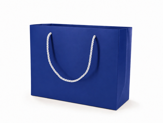 Blue large landscape paper gift tote bag with rope handles, 24 pack