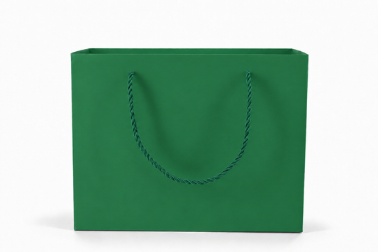 Front view of green jewelry store gift tote bag with rope handles, 10.25 × 4.25 × 7.75 in
