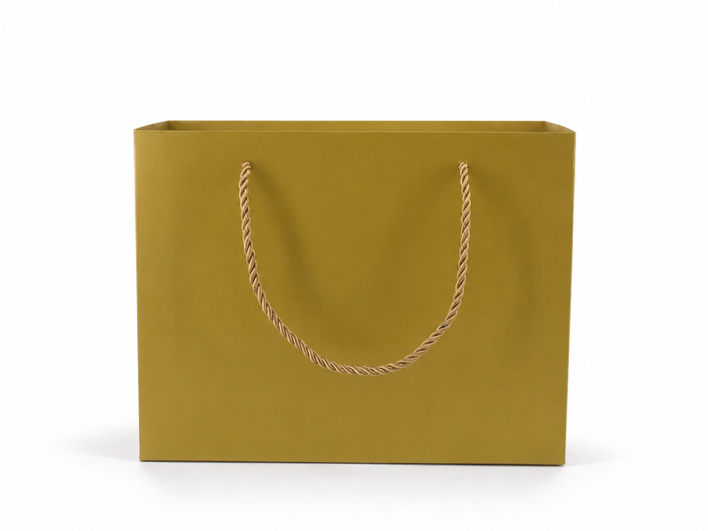 Front view of gold jewelry store gift tote bag with rope handles, 10.25 × 4.25 × 7.75 in