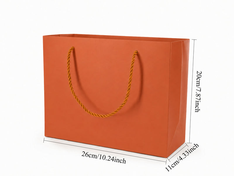 Dimensions for orange large landscape paper tote gift bag: 10.25 × 4.25 × 7.75 in