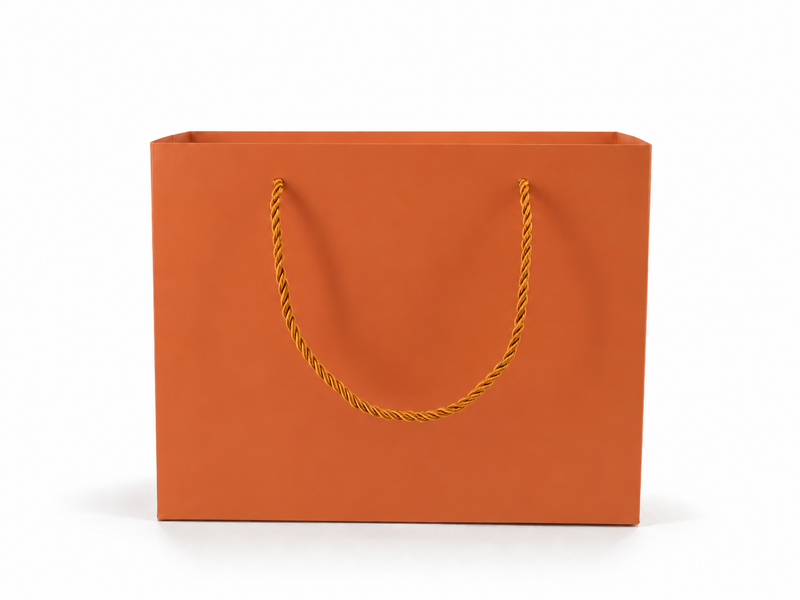Front view of orange jewelry store gift tote bag with rope handles, 10.25 × 4.25 × 7.75 in