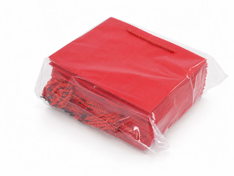 Bulk 24-pack of red paper gift bags for jewelry retail packaging, 10.25 × 4.25 × 7.75 in