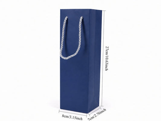 Front view of blue jewelry store gift tote bag with rope handles, 3.25 × 2.75 × 10.75 in