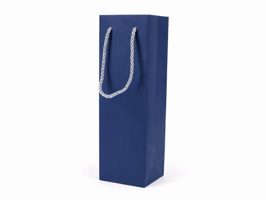 Blue tall narrow paper gift tote bag with rope handles, 24 pack