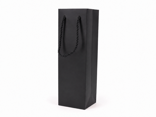 Black tall narrow paper gift tote bag with rope handles, 24 pack