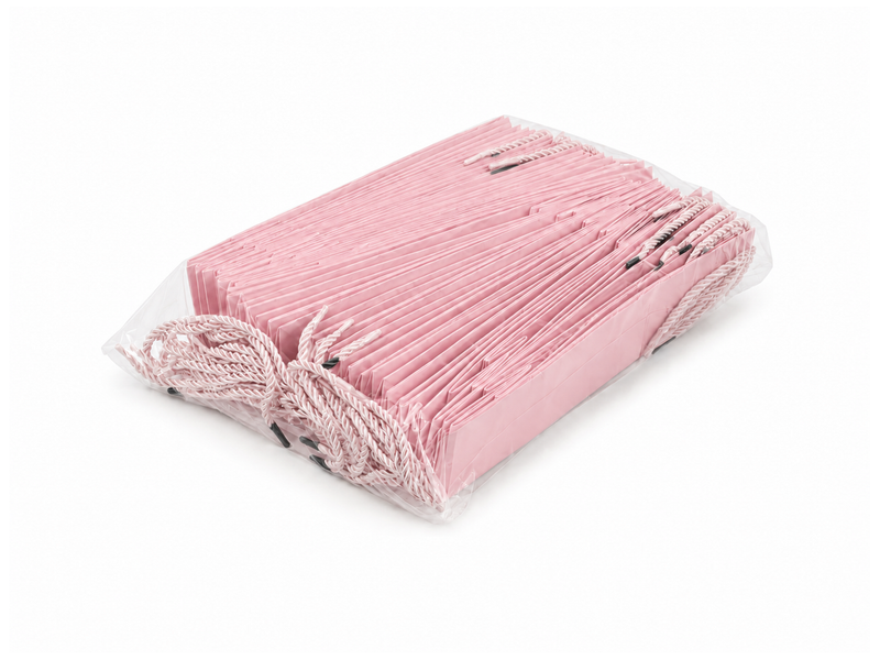 Bulk 24-pack of pink paper gift bags for jewelry retail packaging, 3.25 × 2.75 × 10.75 in