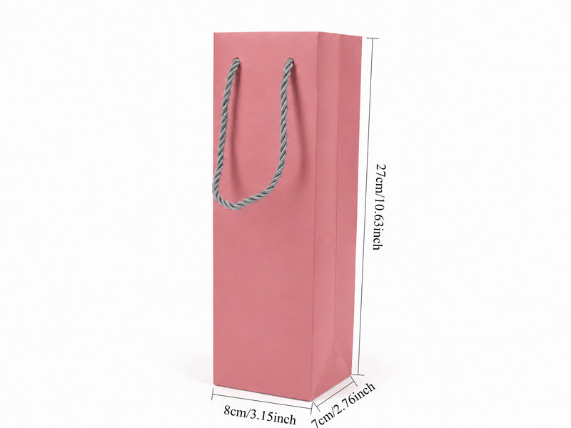 Dimensions for pink tall narrow paper tote gift bag: 3.25 × 2.75 × 10.75 in