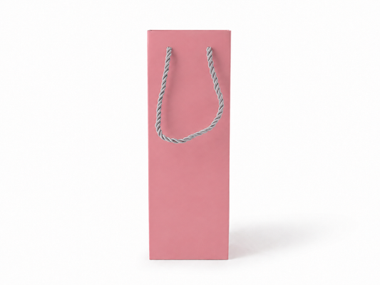 Front view of pink jewelry store gift tote bag with rope handles, 3.25 × 2.75 × 10.75 in
