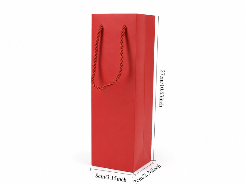 Front view of red jewelry store gift tote bag with rope handles, 3.25 × 2.75 × 10.75 in
