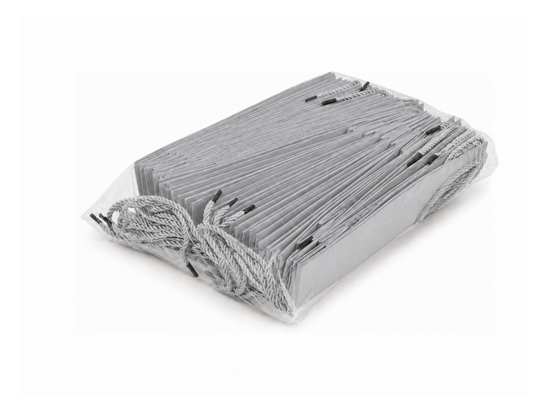 Bulk 24-pack of silver paper gift bags for jewelry retail packaging, 3.25 × 2.75 × 10.75 in