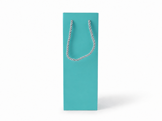 Front view of tiffany blue jewelry store gift tote bag with rope handles, 3.25 × 2.75 × 10.75 in