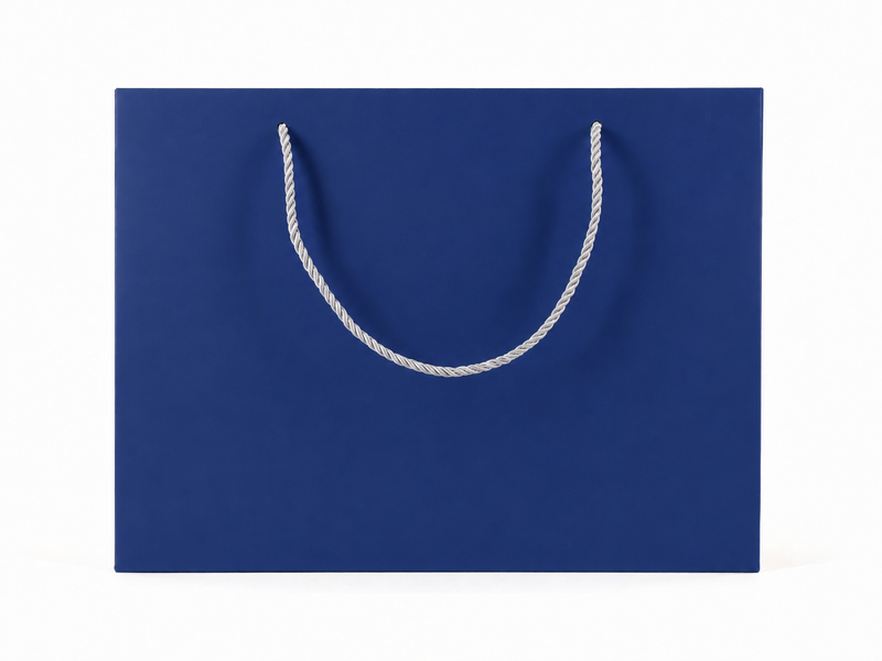 Front view of blue jewelry store gift tote bag with rope handles, 13 × 6 × 9.75 in