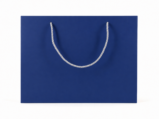 Front view of blue jewelry store gift tote bag with rope handles, 13 × 6 × 9.75 in