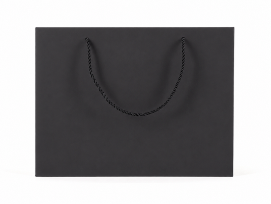 Front view of black jewelry store gift tote bag with rope handles, 13 × 6 × 9.75 in