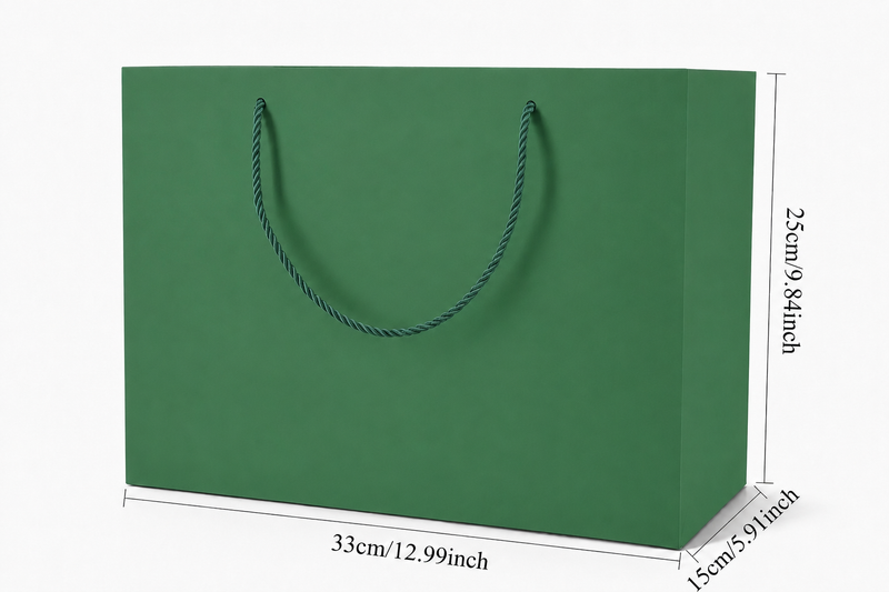 Dimensions for green extra-large landscape paper tote gift bag: 13 × 6 × 9.75 in