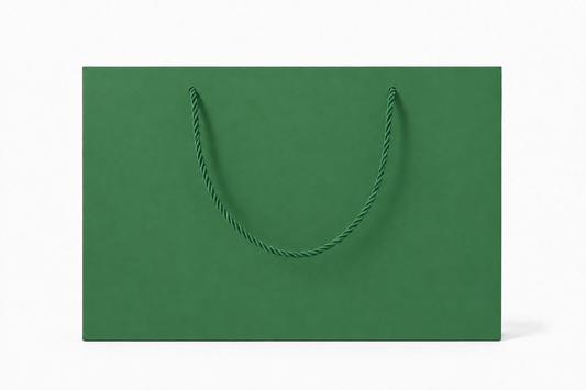 Front view of green jewelry store gift tote bag with rope handles, 13 × 6 × 9.75 in