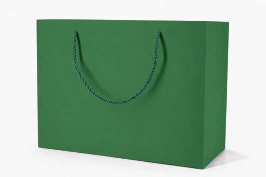 Green extra-large landscape paper gift tote bag with rope handles, 24 pack