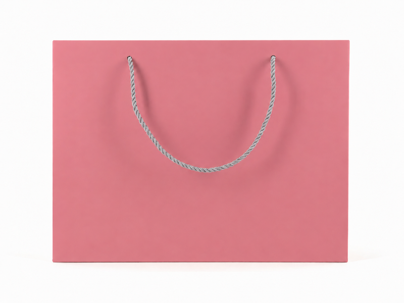 Front view of pink jewelry store gift tote bag with rope handles, 13 × 6 × 9.75 in