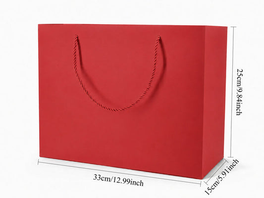 Front view of red jewelry store gift tote bag with rope handles, 13 × 6 × 9.75 in