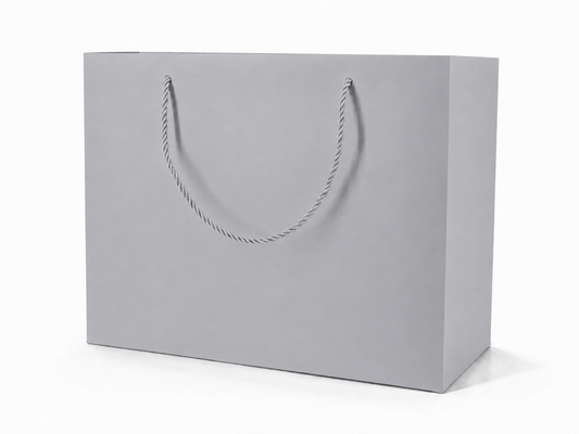 Front view of silver jewelry store gift tote bag with rope handles, 13 × 6 × 9.75 in