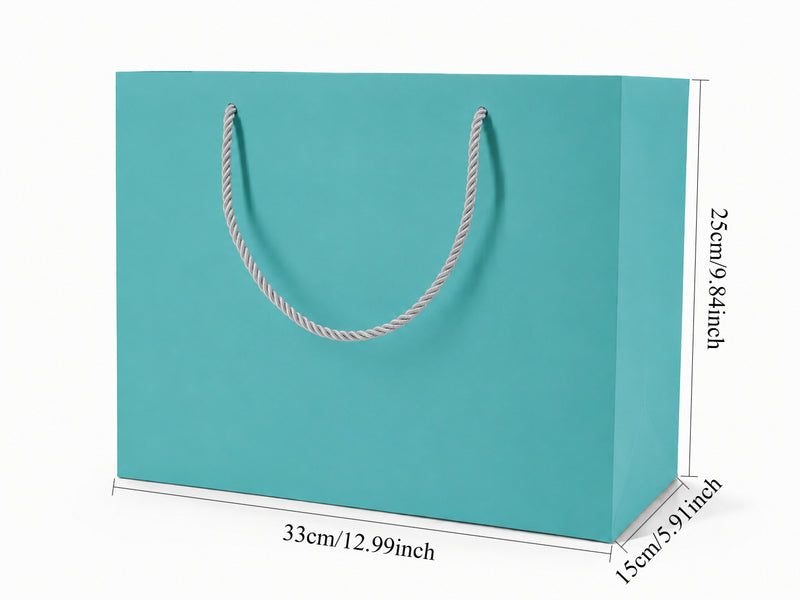 Dimensions for tiffany blue extra-large landscape paper tote gift bag: 13 × 6 × 9.75 in