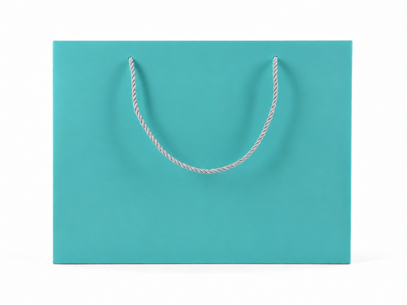 Front view of tiffany blue jewelry store gift tote bag with rope handles, 13 × 6 × 9.75 in
