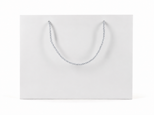 Front view of white jewelry store gift tote bag with rope handles, 13 × 6 × 9.75 in