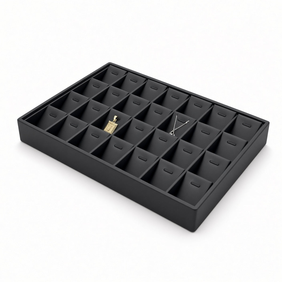 Black 28-slot pendant necklace display tray with jewelry angled view