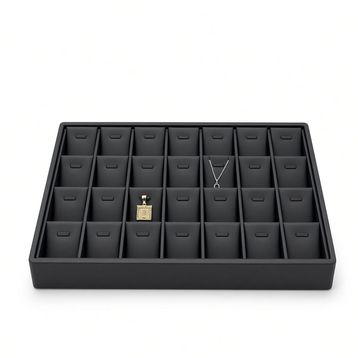 Black 28-slot pendant necklace display tray with jewelry front view