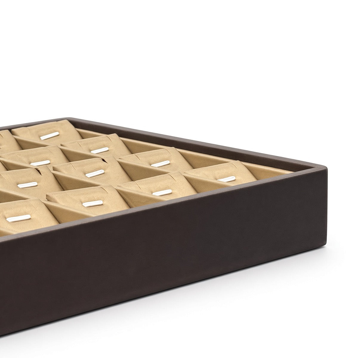 Champagne gold 28-slot pendant necklace display tray corner detail