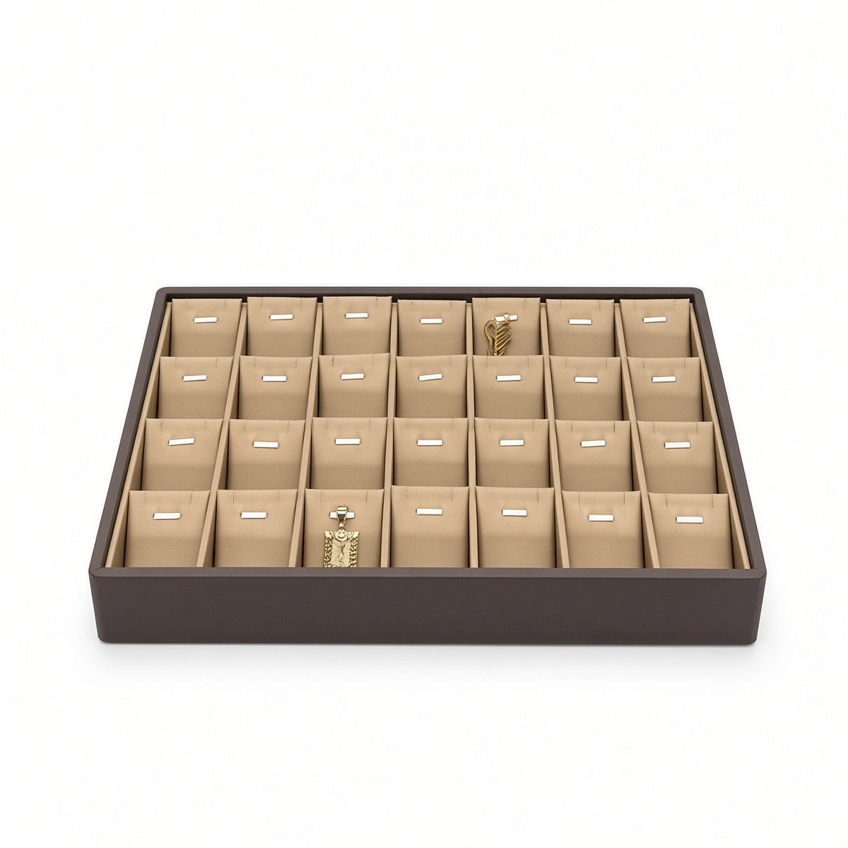 Champagne gold 28-slot pendant necklace display tray with jewelry front view