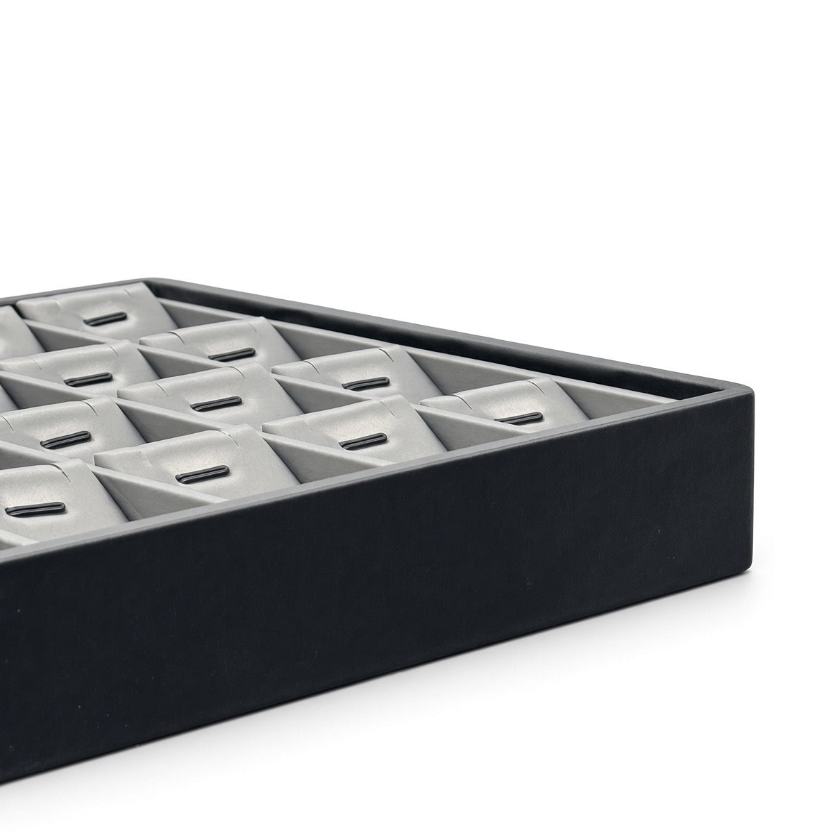 Silver 28-slot pendant necklace display tray corner detail