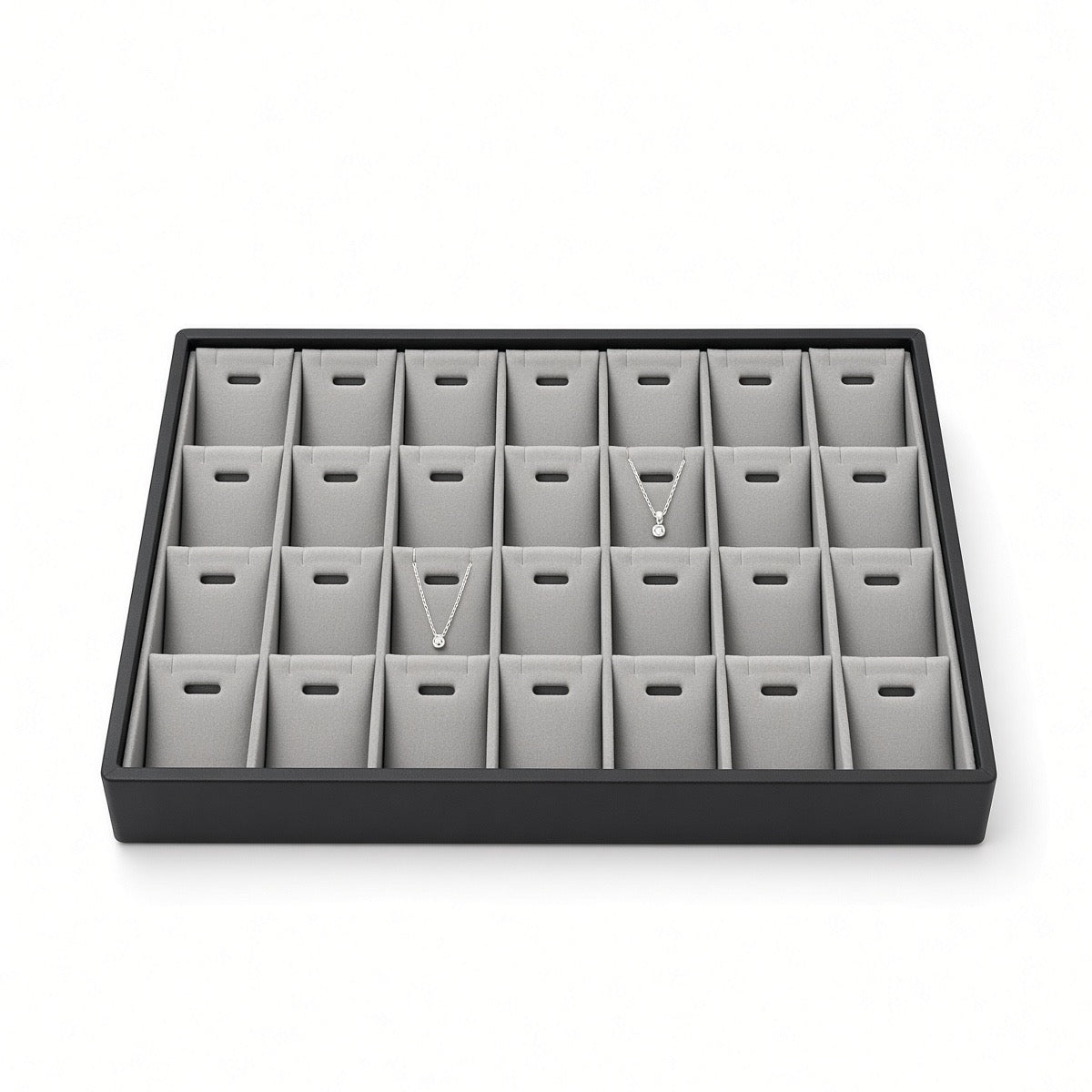 Silver 28-slot pendant necklace display tray with jewelry front view