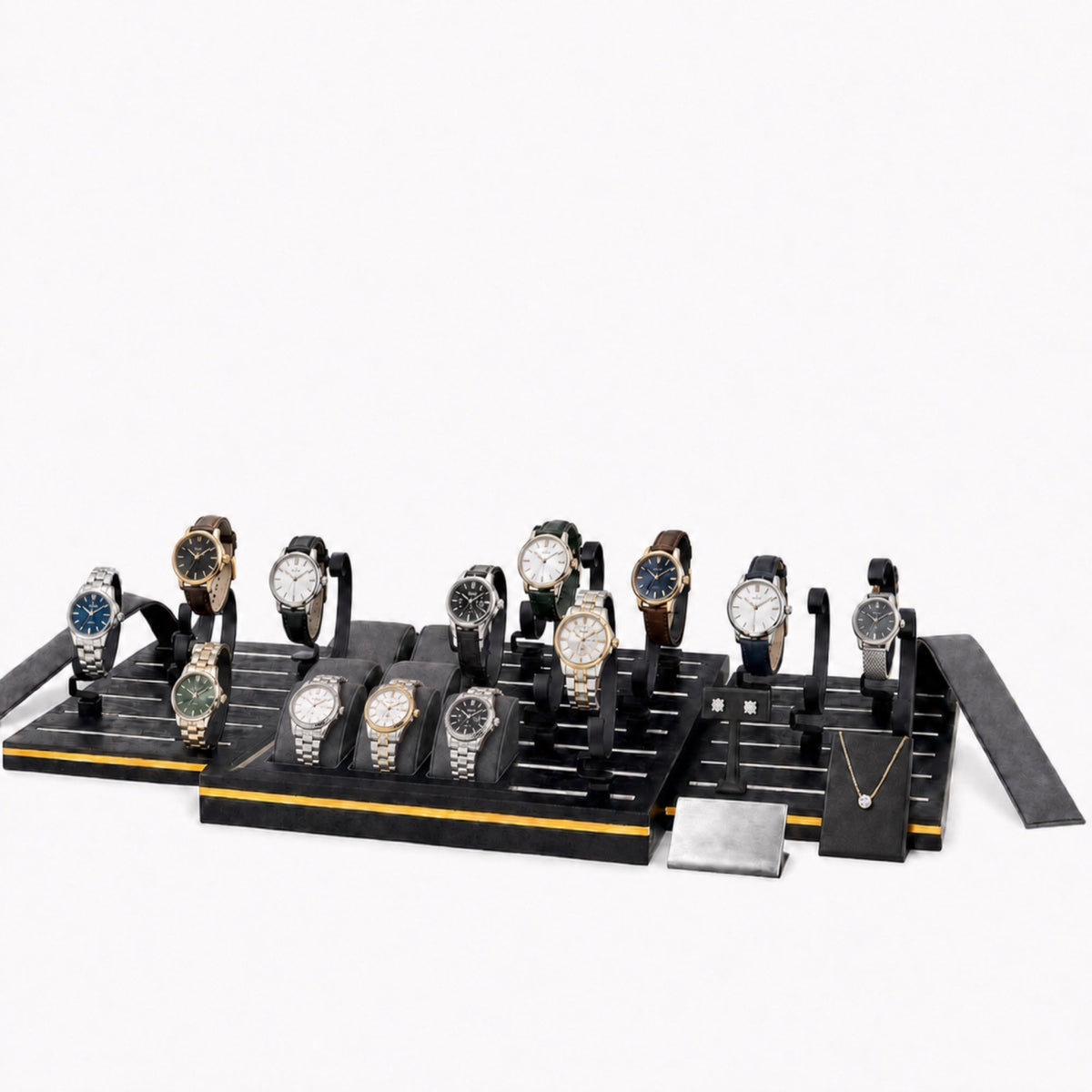 watch display - Custom Black Charcoal Watch Stand and Tray Set CWD028 open view