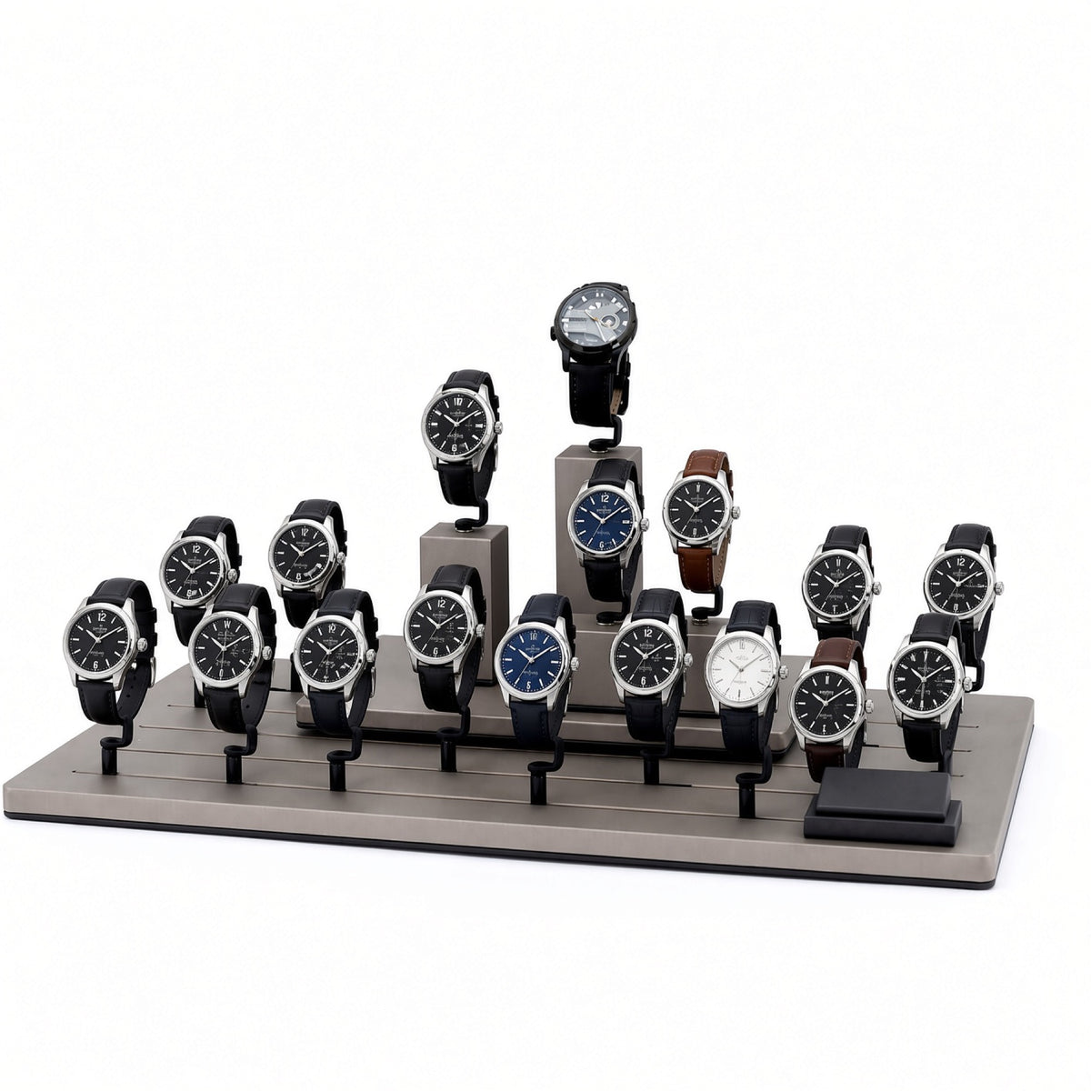 watch display - Custom Black Gray Tiered Watch Display Rack CWD007 open view