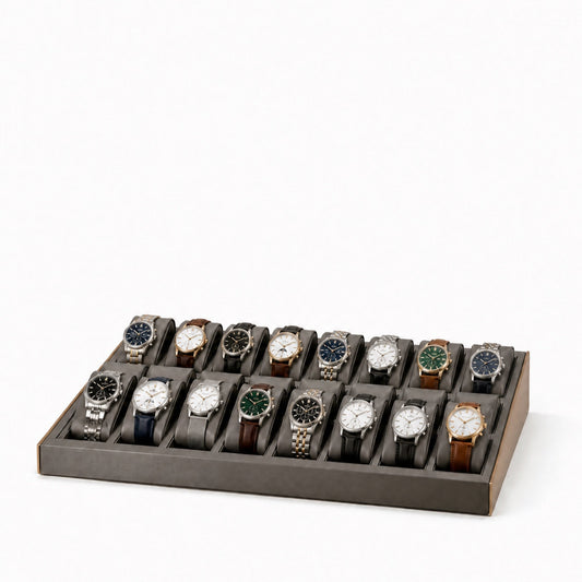 watch display - Custom Charcoal 24-Slot Watch Display Tray CWD032 open view