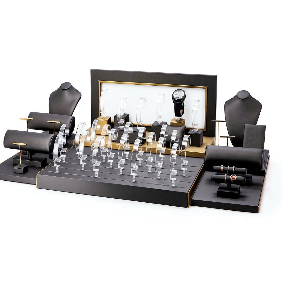 watch display - Custom Charcoal Gold Showcase Watch Display Set CWD014 side view