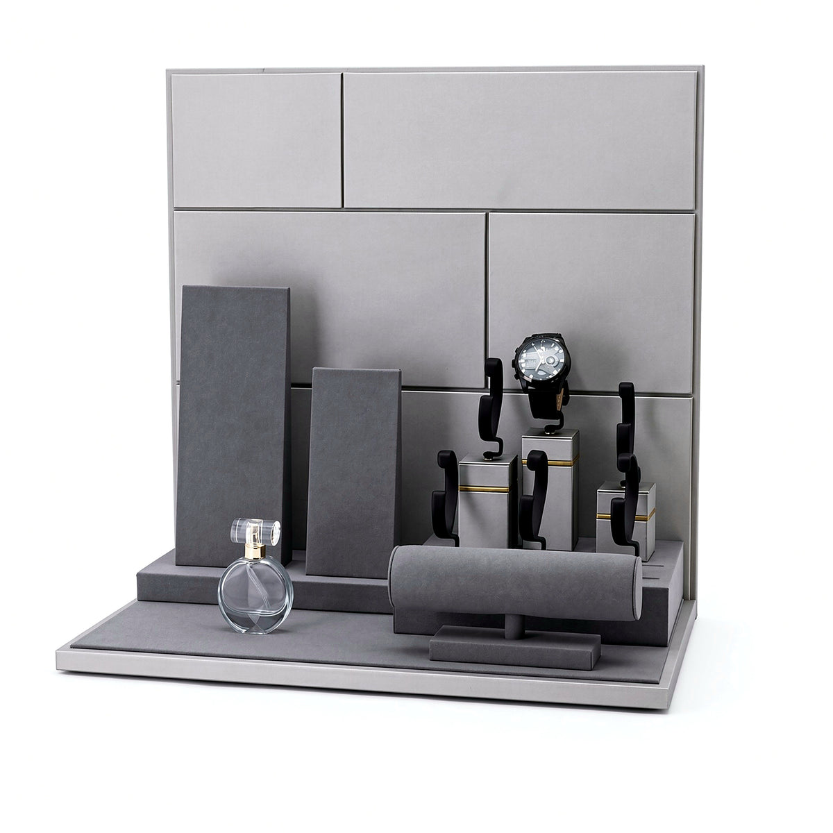 watch display - Custom Charcoal Multi-Level Watch Display Set CWD001 side view