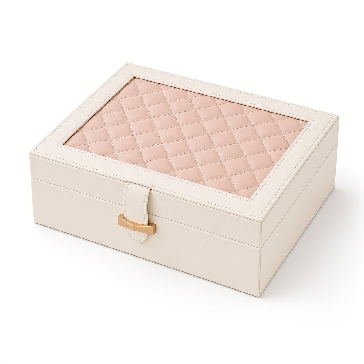 White PU jewelry case with contrasting pink diamond-quilted lid panel