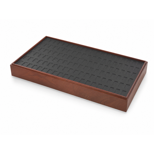 Wooden 120-slot ring display tray with black insert on a clean white background