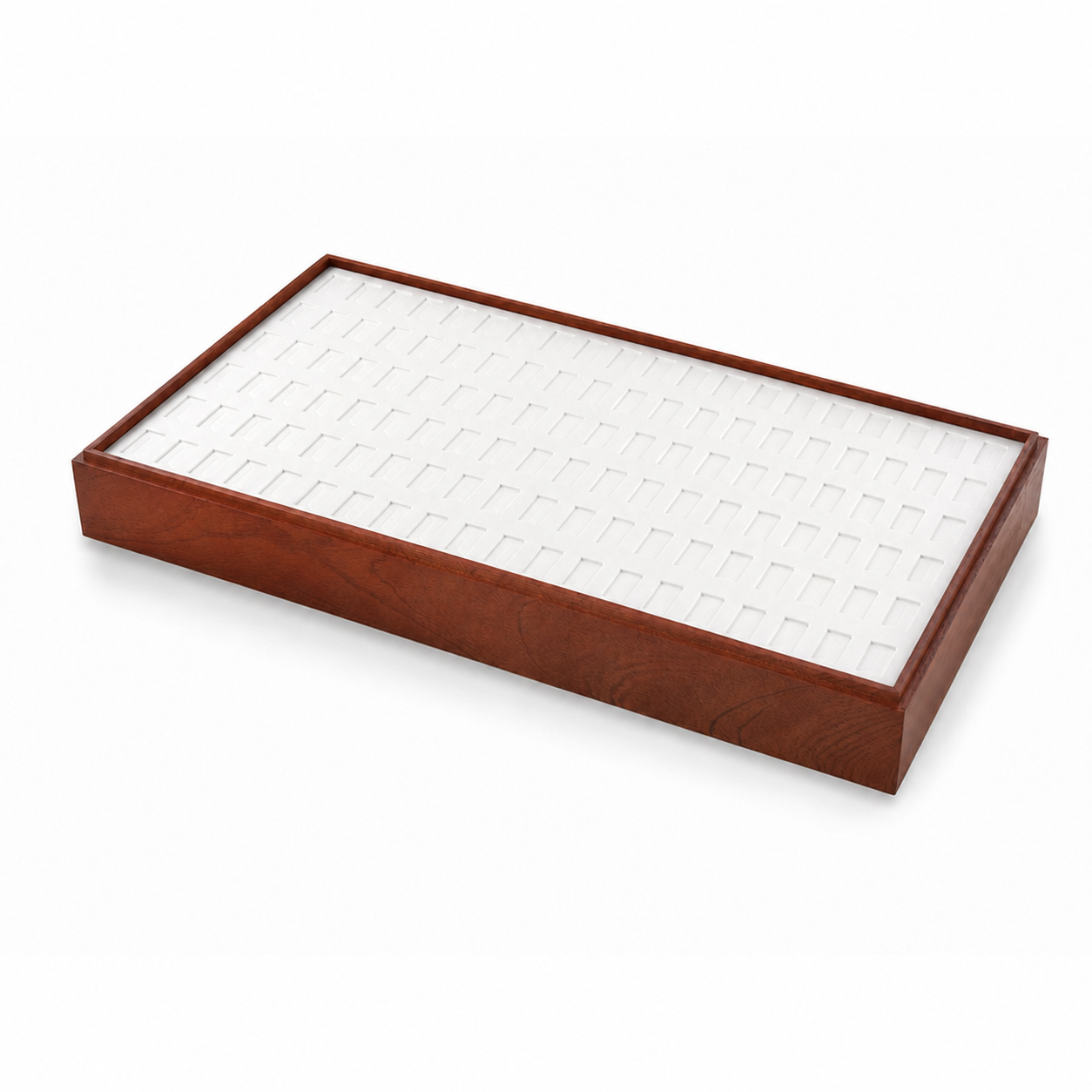 Wooden 120-slot ring display tray with white insert on a clean white background